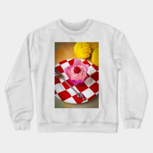 Pink Cupcake On Checker Plate With Yellow Mums Crewneck Sweatshirt